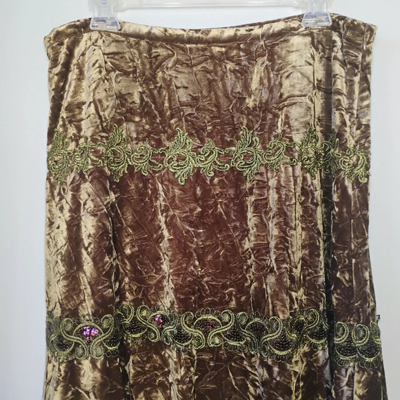 Dorothee Bis Crushed Velvet Regal Midi Skirt Sequins Fairycore Tan Brown Size 12 - Picture 3 of 14